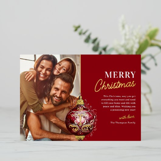 赤エレガントオーナメントフォトクリスマス 箔シーズンカード (立ち正面)