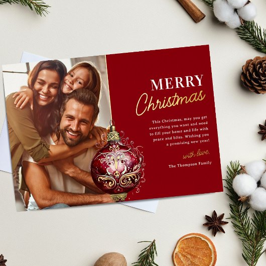 赤エレガントオーナメントフォトクリスマス 箔シーズンカード
