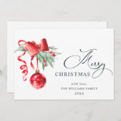 赤エレガントオーナメントメリークリスマスグリーティング シーズンカード (正面/裏面)