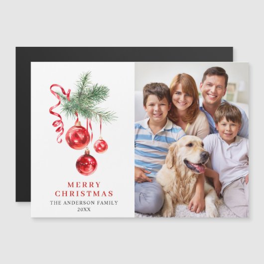 赤エレガントオーナメントメリークリスマス磁気カード (正面/裏面)