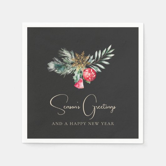 赤エレガントオーナメント金ゴールドモダンクリスマスパーティー スタンダードカクテルナプキン (正面)