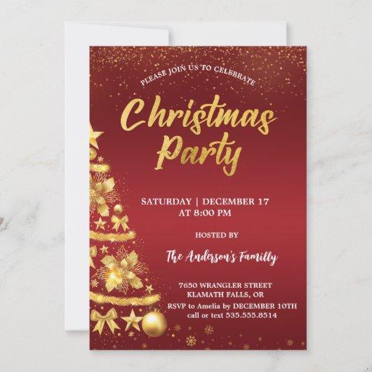 赤エレガントクリスマスグリッターツリー金ゴールドパーティー 招待状 (正面)
