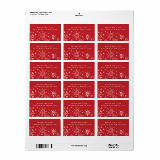 赤エレガントクリスマススノーフレーク住所 シール (フルシート)