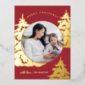 赤エレガントクリスマスツリー2フォトホリデー 箔シーズンポストカード (正面)