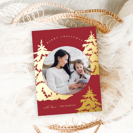 赤エレガントクリスマスツリー2フォトホリデー 箔シーズンポストカード