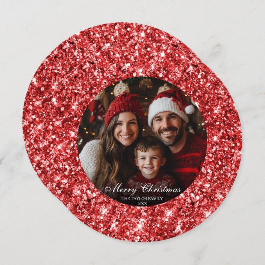 赤エレガントグリッタークリスマスツリーファミリーフォト (正面/裏面)