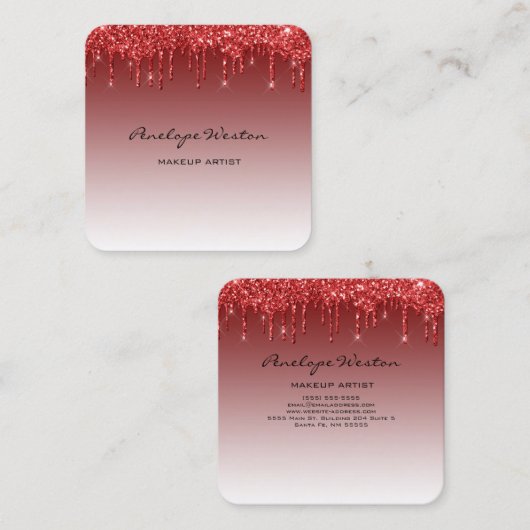 赤エレガントグリッタードリップメイクアップアーティスト スクエア名刺 (正面/裏面)