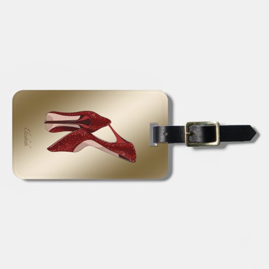 赤エレガントグリッターハイヒール-パーソナライズされた ラゲッジタグ (正面横)