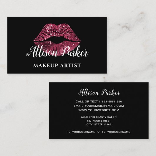 赤エレガントグリッターリップメイクアップアーティストビジネス 名刺 (正面/裏面)