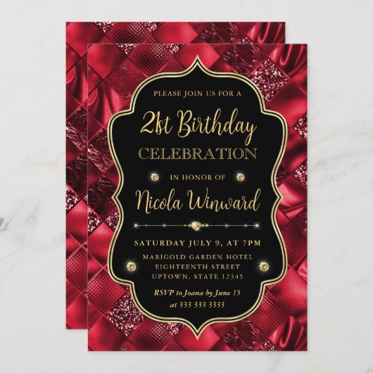 赤エレガントグリッターヴィンテージフレーム誕生日 招待状 (正面/裏面)