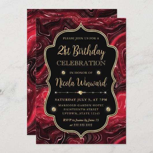 赤エレガントグリッター層ヴィンテージフレーム誕生日 招待状 (正面/裏面)