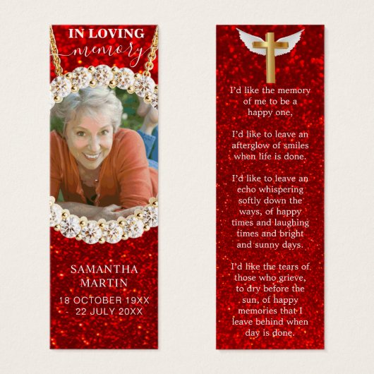 赤エレガントグリッター記念歌葬式ブックマーク (正面&裏面)