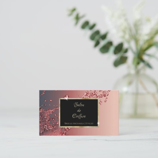 赤エレガントスプラッシュブラックと金ゴールドヘアサロン 名刺 (スタンド正面)