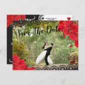 赤エレガントスペインのバラ&黒の日付を保存 案内ポストカード (正面/裏面)