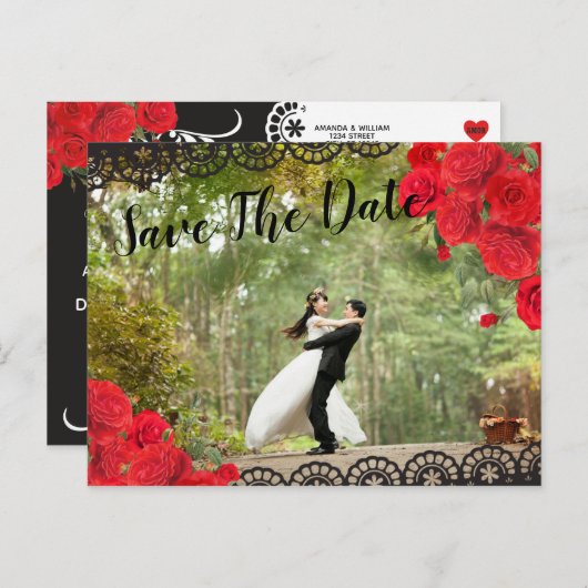 赤エレガントスペインのバラ&黒の日付を保存 案内ポストカード (正面/裏面)