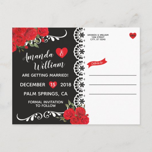 赤エレガントスペインのバラ&黒の日付を保存 案内ポストカード (裏面)