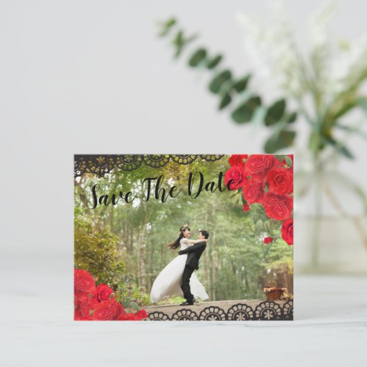 赤エレガントスペインのバラ&黒の日付を保存 案内ポストカード (スタンド正面)