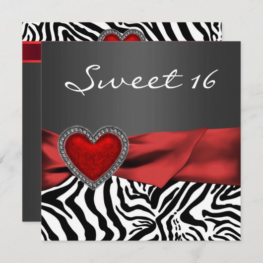 赤エレガントゼブラスウィート16パーティー 招待状 (正面/裏面)