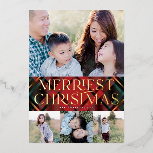 赤エレガントタータンチェッククリスマスフォト実在フォイルカード 箔シーズンカード (正面)