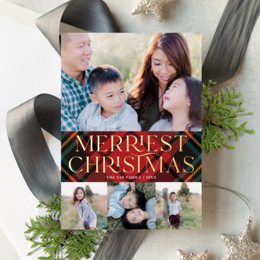 赤エレガントタータンチェッククリスマスフォト実在フォイルカード 箔シーズンカード