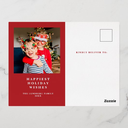 赤エレガントタータンチェッククリスマスフォト実在フォイルカード 箔シーズンポストカード (裏面)