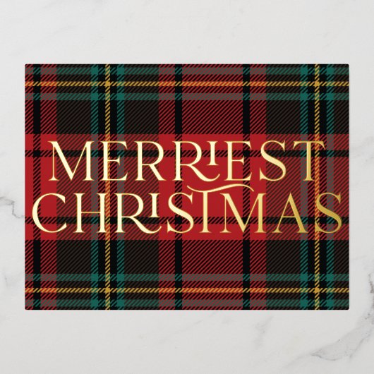 赤エレガントタータンチェッククリスマスフォト実在フォイルカード 箔シーズンポストカード (正面)