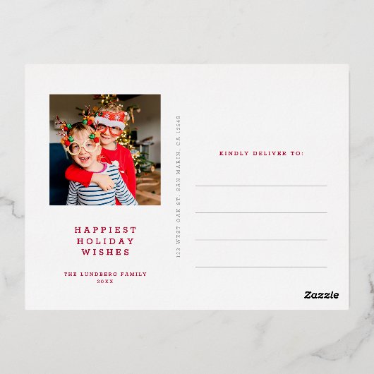 赤エレガントタータンチェッククリスマスフォト金ゴールド 箔シーズンポストカード (裏面)