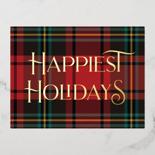 赤エレガントタータンチェッククリスマスフォト金ゴールド 箔シーズンポストカード (正面)