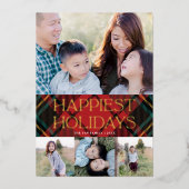 赤エレガントタータンチェッククリスマス数々の – 写真金ゴールド 箔シーズンカード (正面)