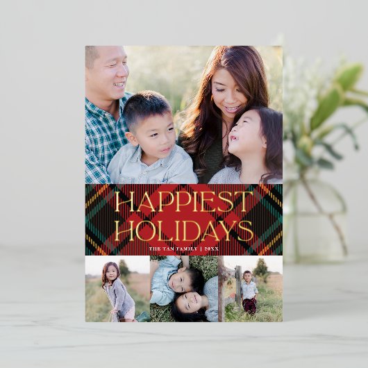赤エレガントタータンチェッククリスマス数々の – 写真金ゴールド 箔シーズンカード (立ち正面)