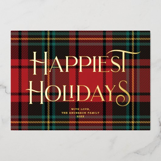 赤エレガントタータンチェッククリスマス非フォト金ゴールド 箔シーズンカード (正面)