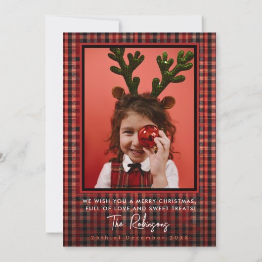 赤エレガントタータンチェックプレイドクリスマスカンパニー写真 シーズンカード (正面)