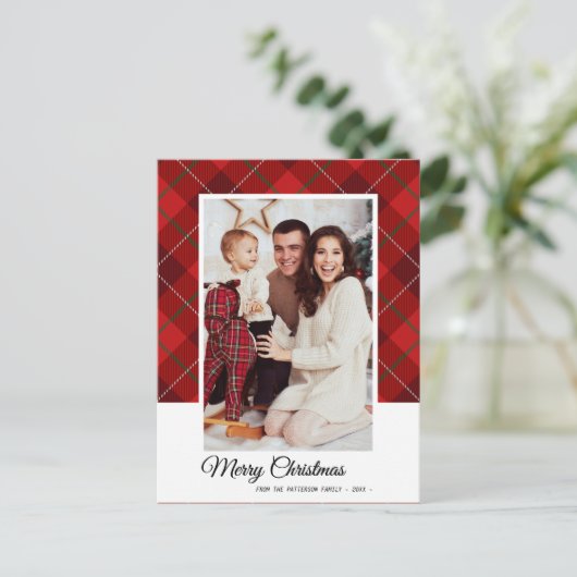 赤エレガントタータンチェックメリークリスマス家族の写真 ポストカード (スタンド正面)