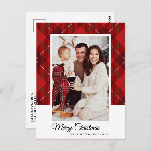 赤エレガントタータンチェックメリークリスマス家族の写真 ポストカード (正面/裏面)