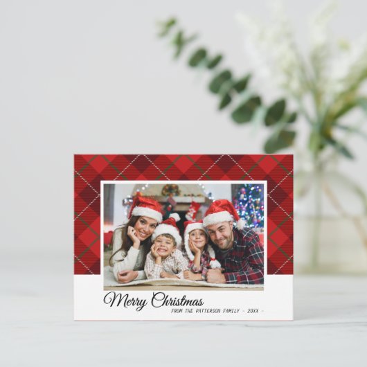 赤エレガントタータンチェックメリークリスマス家族の写真 ポストカード (スタンド正面)