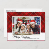 赤エレガントタータンチェックメリークリスマス家族の写真 ポストカード (正面/裏面)