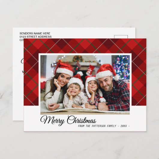赤エレガントタータンチェックメリークリスマス家族の写真 ポストカード (正面/裏面)