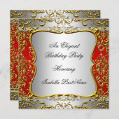 赤エレガントダマスクシルバー金ゴールド誕生会 招待状 (正面/裏面)