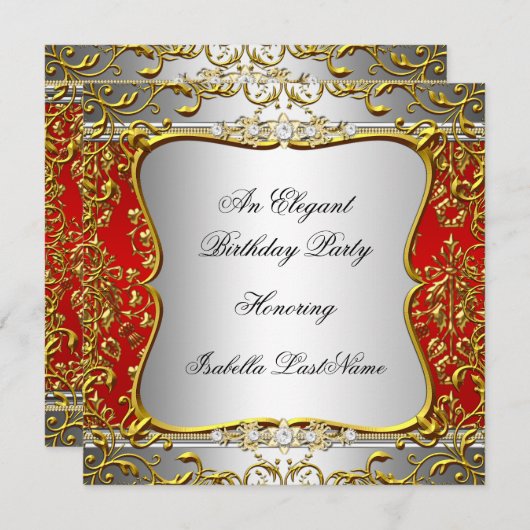赤エレガントダマスクシルバー金ゴールド誕生会 招待状 (正面/裏面)