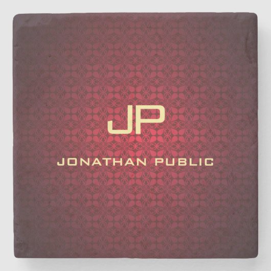 赤エレガントダマスクモノグラムノスタルジックテンプレート ストーンコースター (正面)