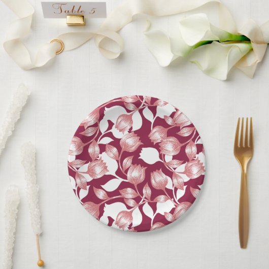 赤エレガントチューリップシルエットフローラルパターンII ペーパープレート (ウェディング)