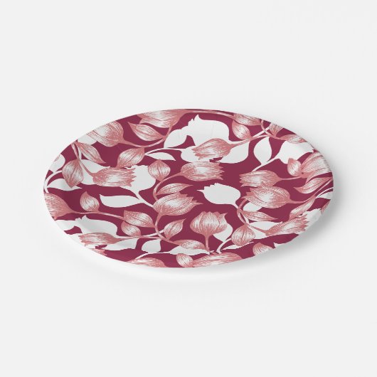 赤エレガントチューリップシルエットフローラルパターンII ペーパープレート (アングル)