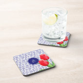 赤エレガントチューリップ春フローラブルーモノグラム コースター (右側)