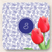 赤エレガントチューリップ春フローラブルーモノグラム コースター (正面)