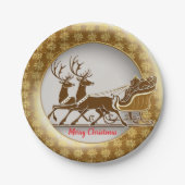 赤エレガントトナカイそり金ゴールド雪メリークリスマス ペーパープレート (正面)