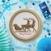 赤エレガントトナカイそり金ゴールド雪メリークリスマス ペーパープレート (パーティー)
