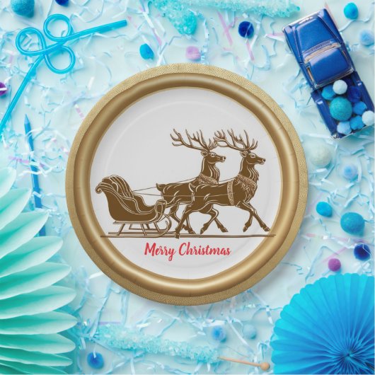 赤エレガントトナカイそり金ゴールド雪メリークリスマス ペーパープレート (パーティー)