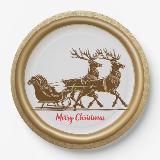 赤エレガントトナカイそり金ゴールド雪メリークリスマス ペーパープレート (正面)