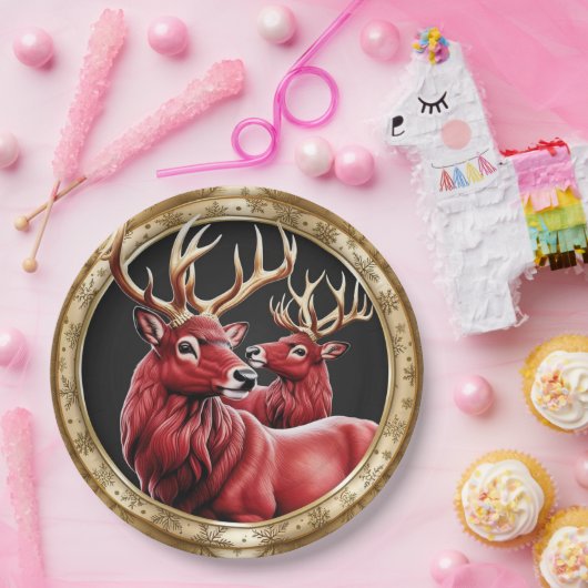 赤エレガントトナディアムース金ゴールド雪メリークリスマス ペーパープレート (パーティー)