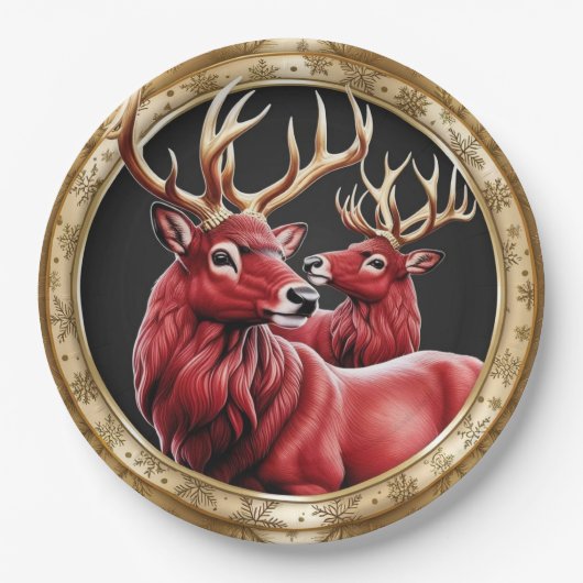 赤エレガントトナディアムース金ゴールド雪メリークリスマス ペーパープレート (正面)